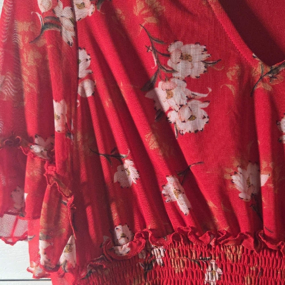 Indigo Rose Red Floral Midi Dress with Smocked Waist - Picture 5 of 8
